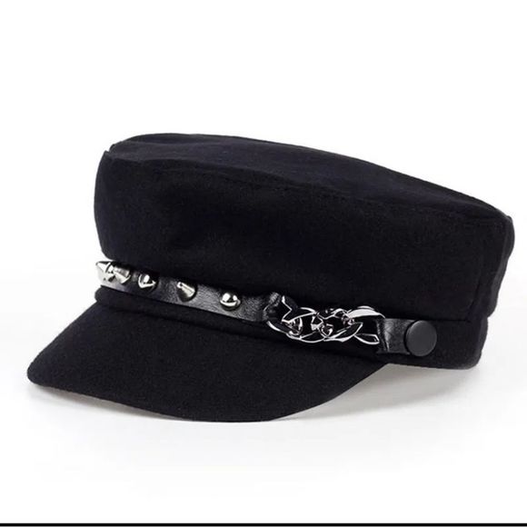 Black silver studded chain biker/military botique style hat new - Picture 6 of 8